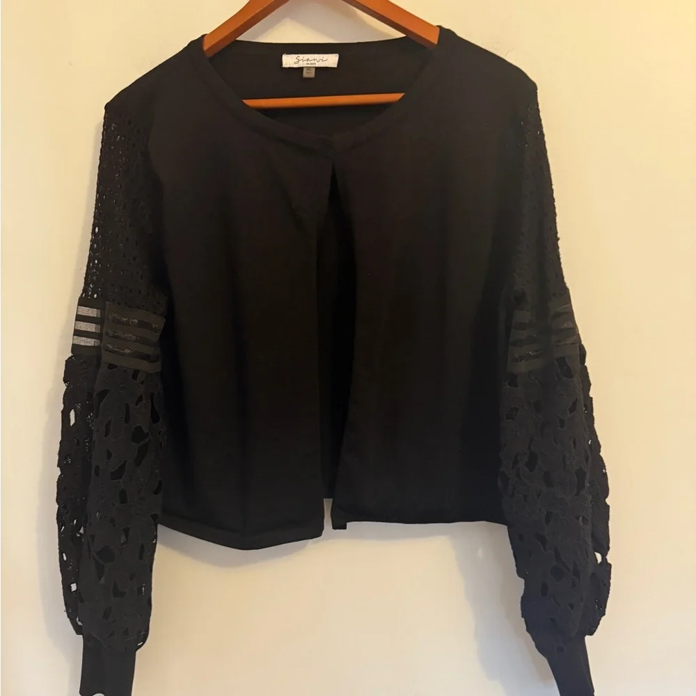 Sioni Women's Open Front Cardigan with Crochet/Sheer Puff Long Sleeves Size XL - Picture 5 of 16